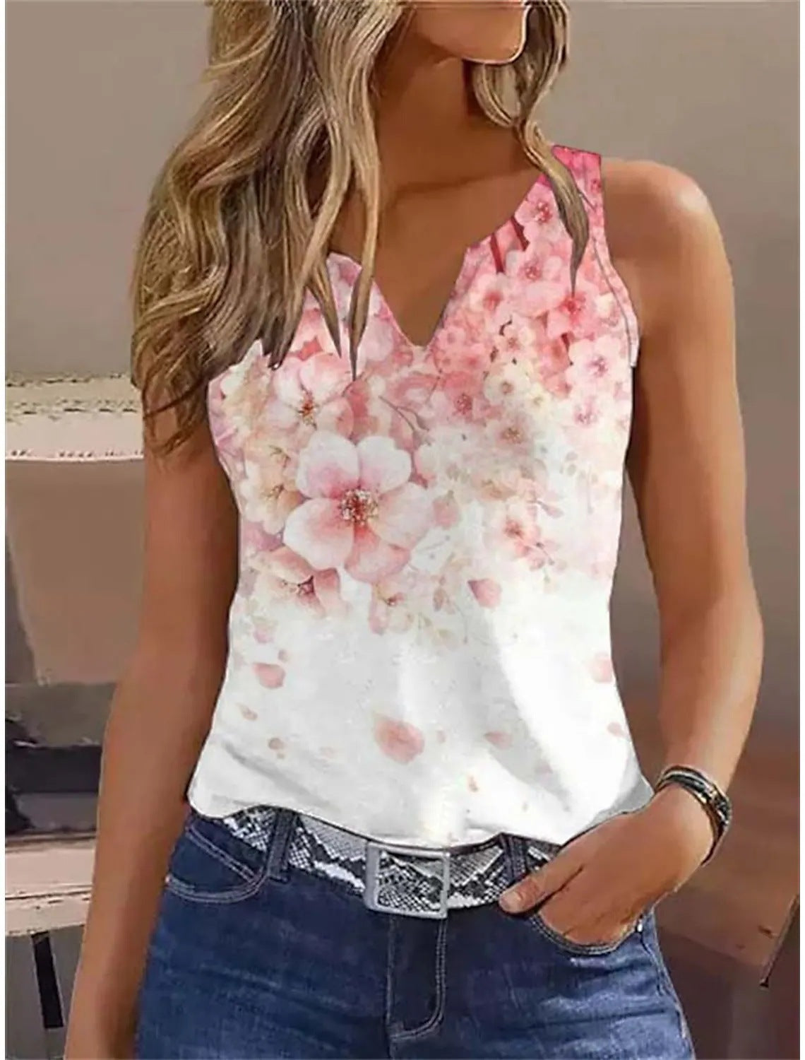 Damen Oberteil Ärmellos Bluse Floral Sommer