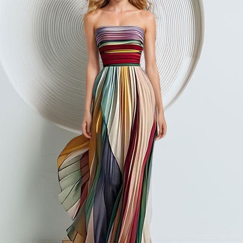 Damen Maxikleid Elegantes Gerafftes Oberteil Streifenmuster Farbenfroh