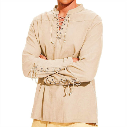 Herren Leinenhemd Langarm Modern Schnürfront Eleganz