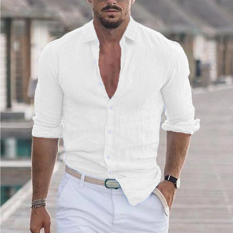 Herren Leinenhemd Lässig Elegant Knopffrei Sommer