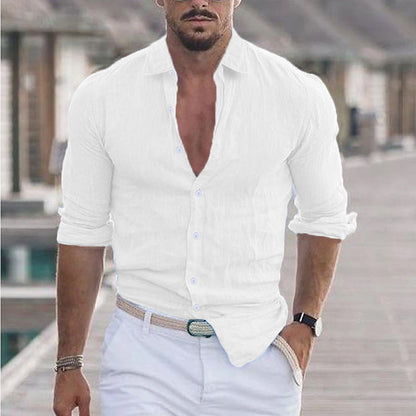 Herren Leinenhemd Lässig Elegant Knopffrei Sommer