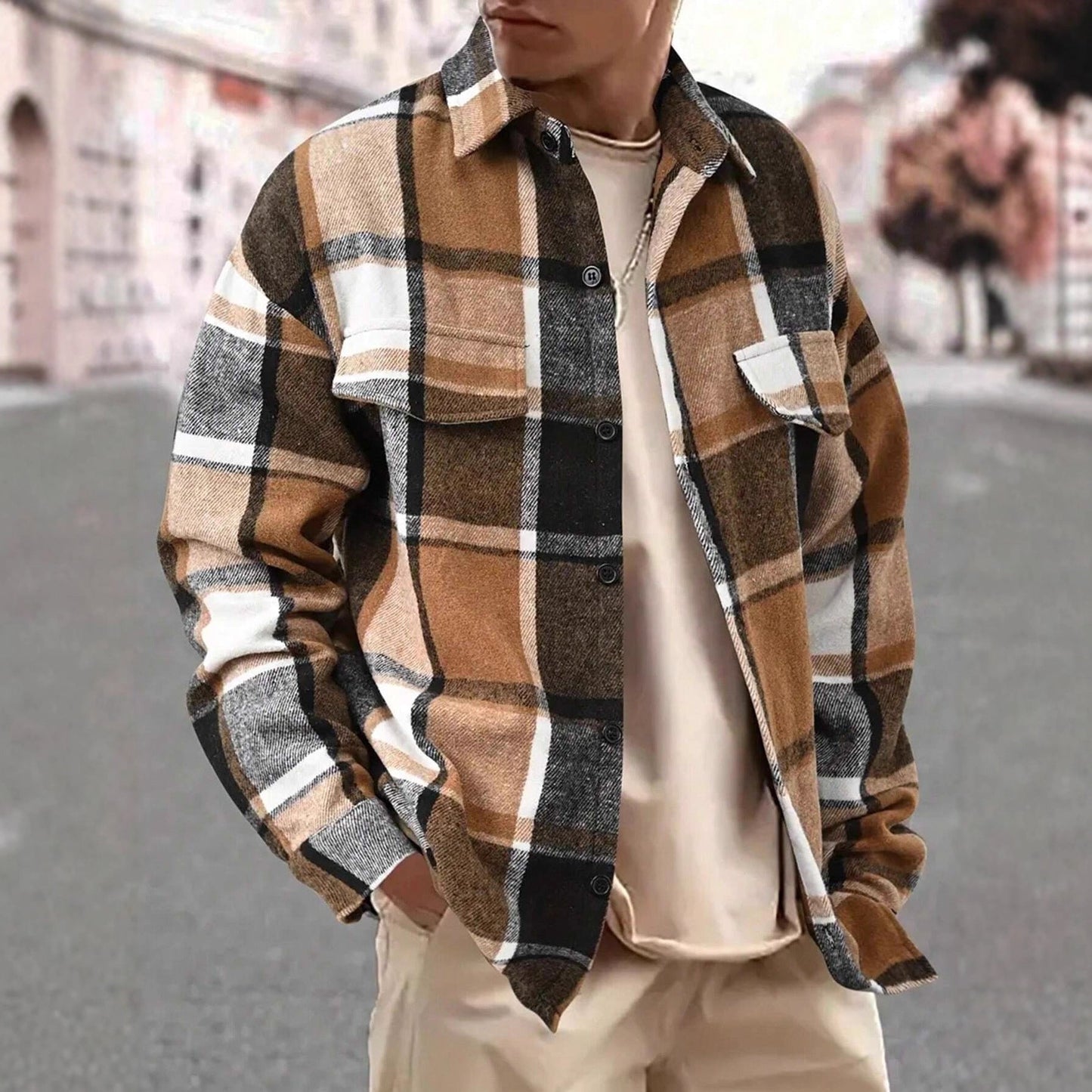 Herren Flanelljacke Kariert Modern mit Brusttaschen