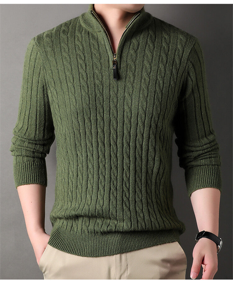 Herren Pullover Strick Zopfmuster Zipper Grün