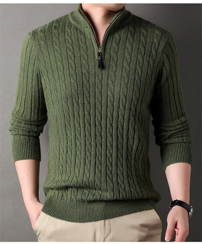 Herren Pullover Strick Zopfmuster Zipper Grün