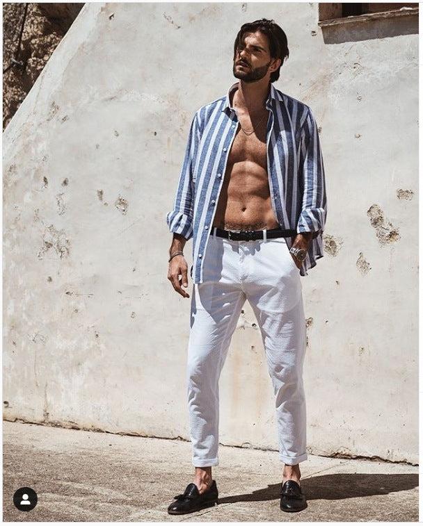 Herren Leinenhemd Gestreift Elegantes Sommerhemd