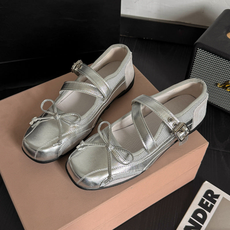 Damen Ballerinas Elegant Metallic Schuhe Mit Riemchen