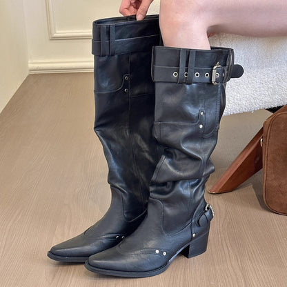 Damen Stiefel Kniehoch Robust Schuhe mit Riemchen