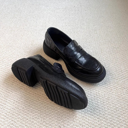 Damen Loafers Robust Lederschuhe mit Blockabsatz