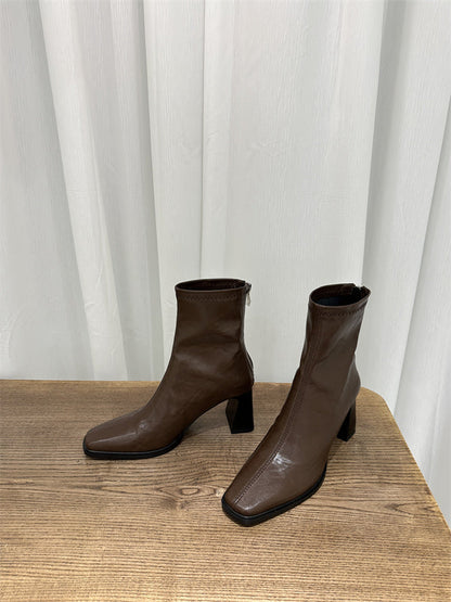 Damen Stiefel Hoher Blockabsatz Lederschuhe Trendy
