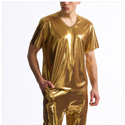 Herren T-Shirt V-Ausschnitt Metallic Glänzend