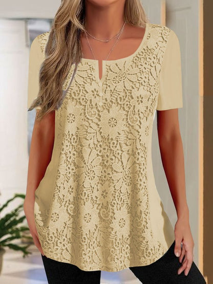 Damen Bluse Spitze Kurzarm Floral Elegant