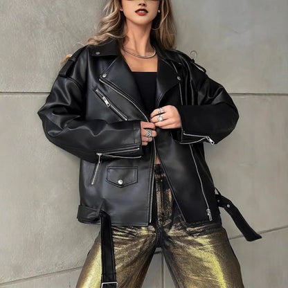 Leder Bikerjacke Damen Nieten Schwarz Lederoptik