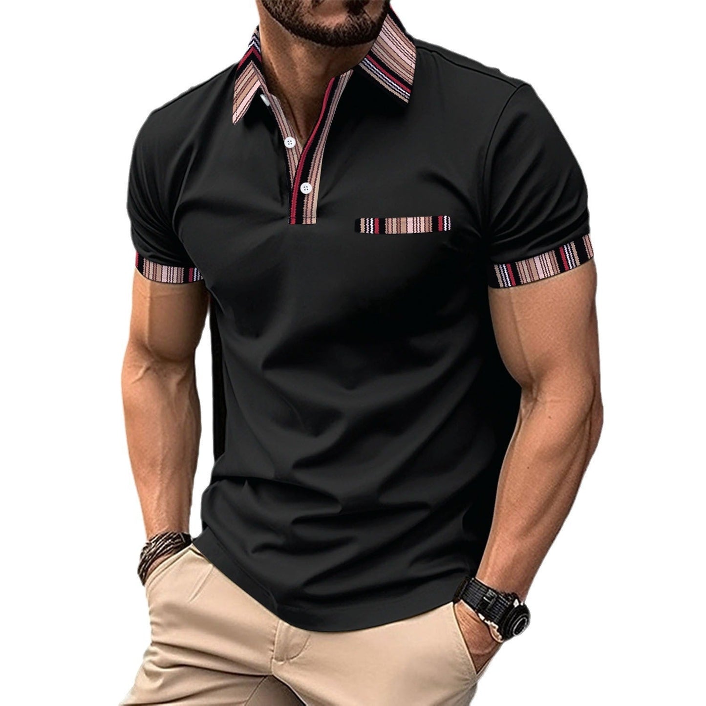 Herren Polohemd Modern Streifenkragen mit Brusttasche