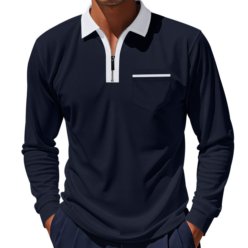 Herren Polohemd Langarm Modern mit Reißverschluss und Brusttasche