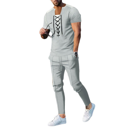 Herren T-Shirt Kurzarm Modern mit Schnürung und Struktur