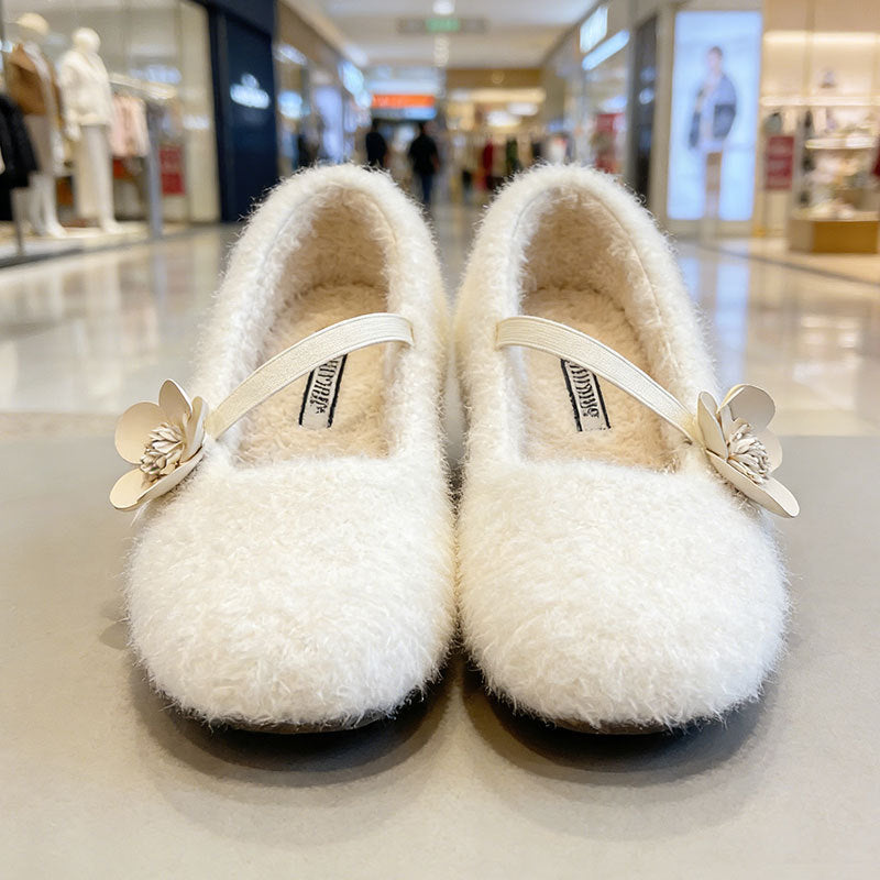 Damen Ballerinas Flauschig mit Schleife Schwarz