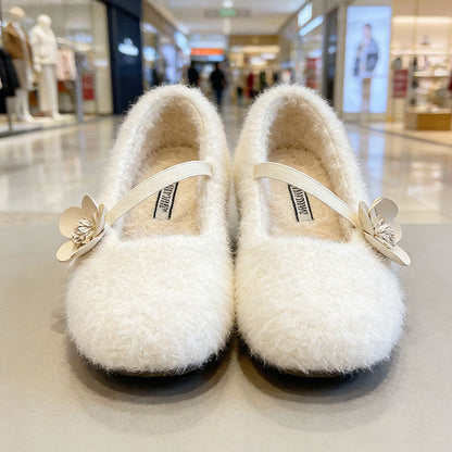 Damen Ballerinas Flauschig mit Schleife Schwarz