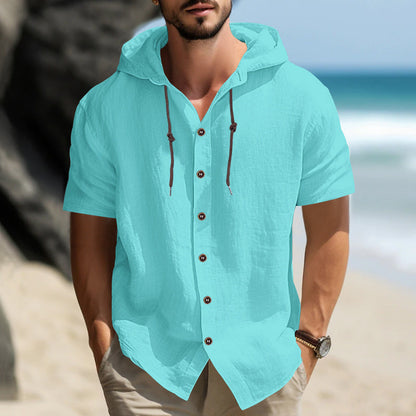 Herren Kapuzenhemd Kurzarm Holzknöpfe Streetwear