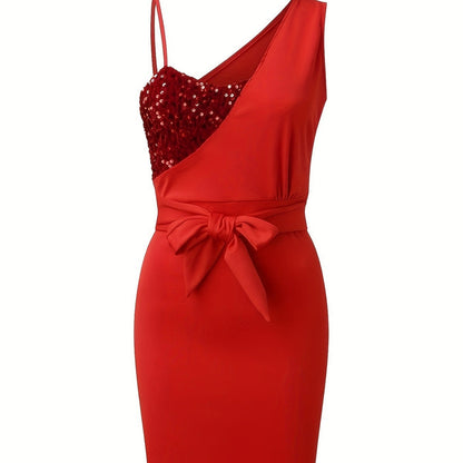 Elegantes Abendkleid Glitzernd Damen Partykleid mit Gürtel