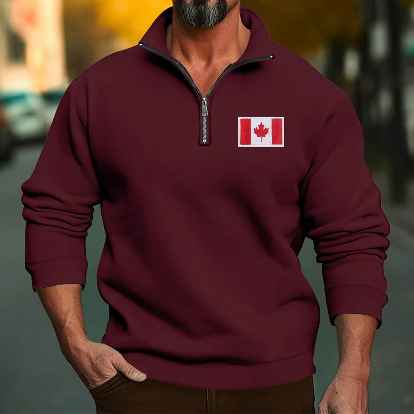 Herren Fleece Pullover Warm mit Halbzipper Kanada Flagge