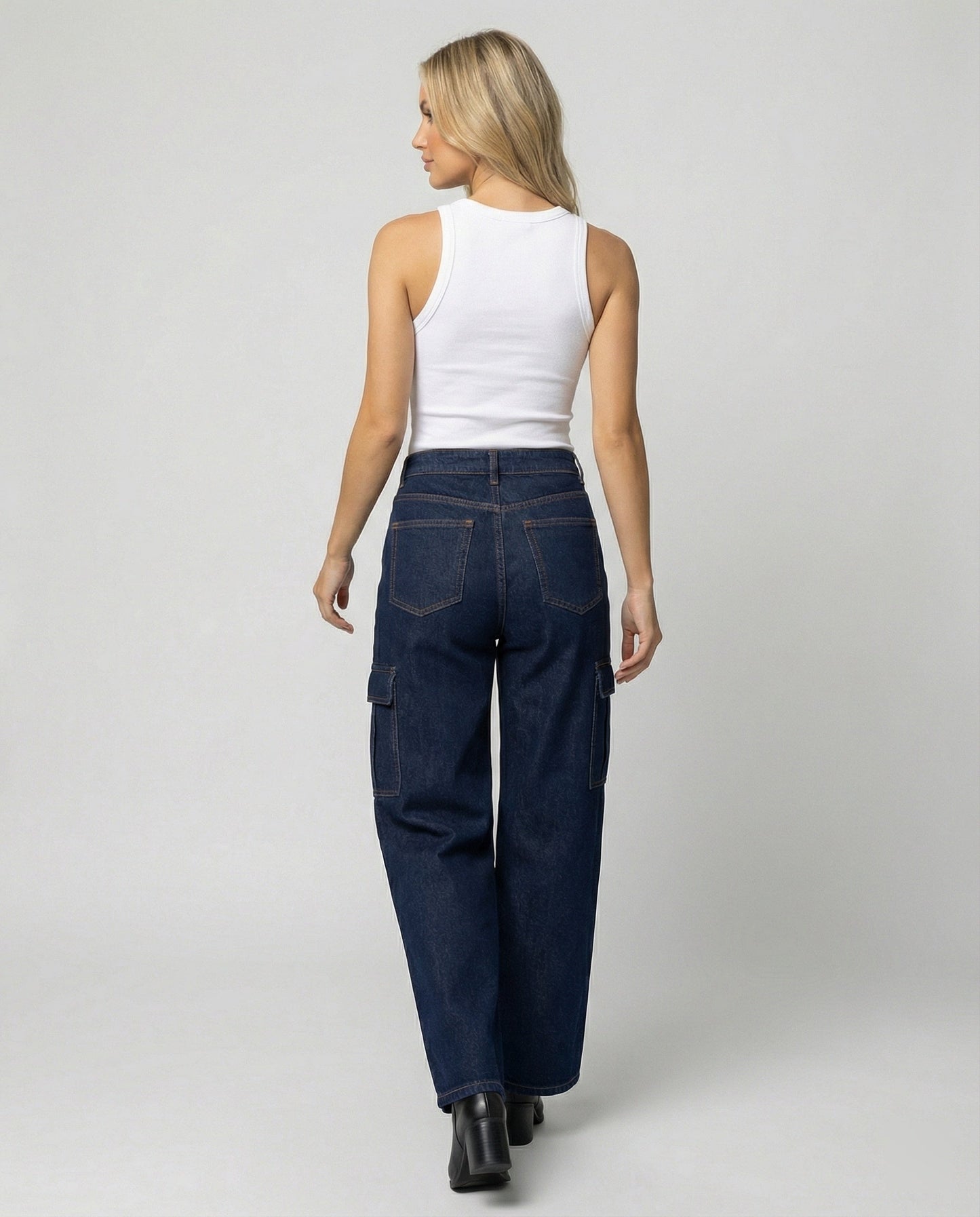 Damen Jeans Hochtaillig Baggy Stil Cargo Taschen
