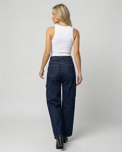 Damen Jeans Hochtaillig Baggy Stil Cargo Taschen