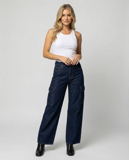 Damen Jeans Hochtaillig Baggy Stil Cargo Taschen