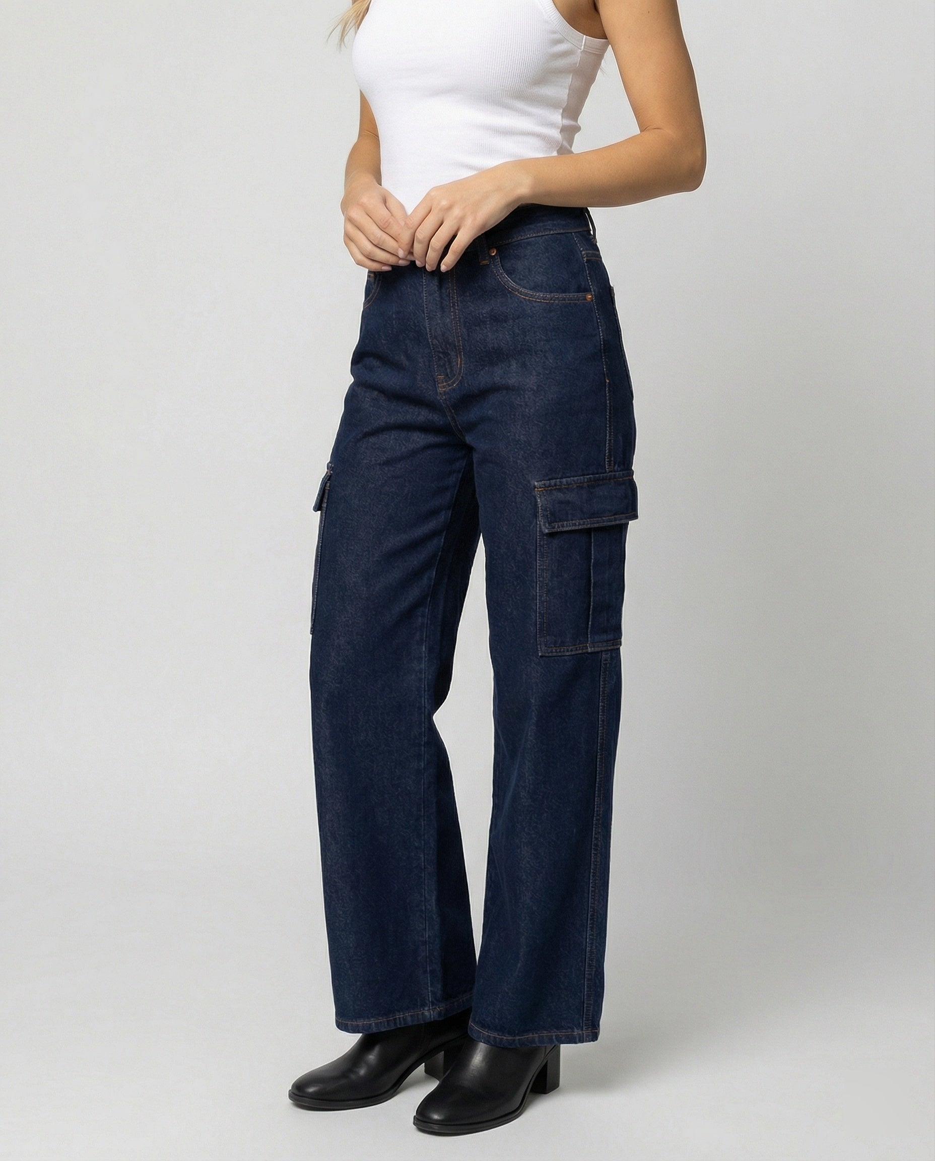 Damen Jeans Hochtaillig Baggy Stil Cargo Taschen - BerlinGlamour