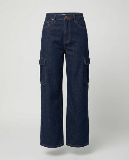 Damen Jeans Hochtaillig Baggy Stil Cargo Taschen