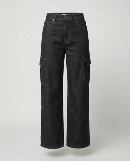 Damen Jeans Hochtaillig Baggy Stil Cargo Taschen