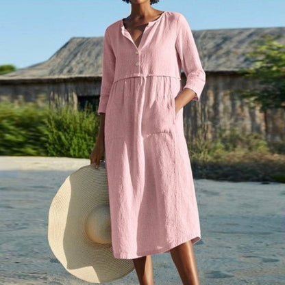 BerlinGlamour Baumwoll-Leinen Kleid mit mittel langen Ärmeln