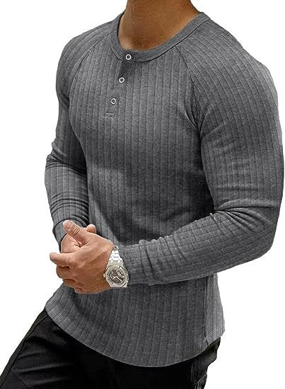 Herren Langarm T-Shirt Ripp Optik Knopfleiste Modern