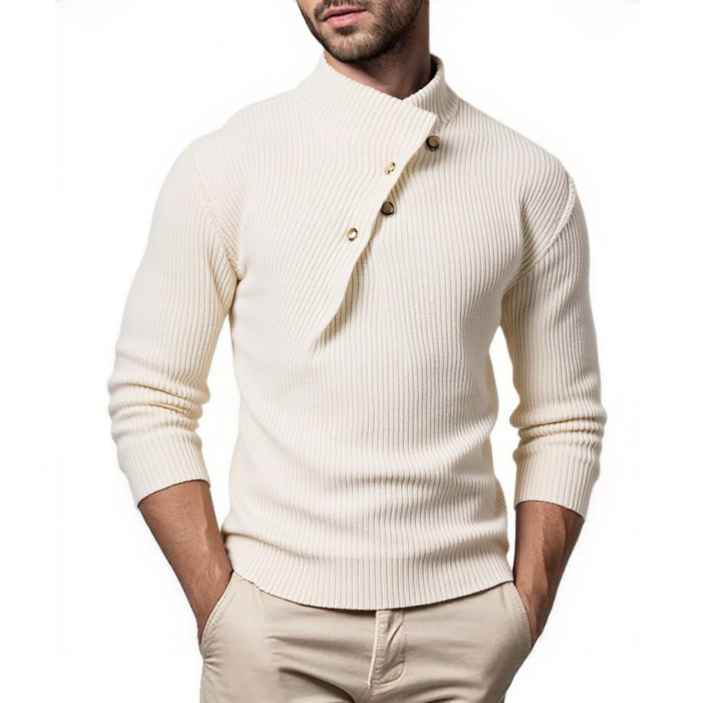 Modischer Herren Strickpullover Stehkragen Asymmetrisch
