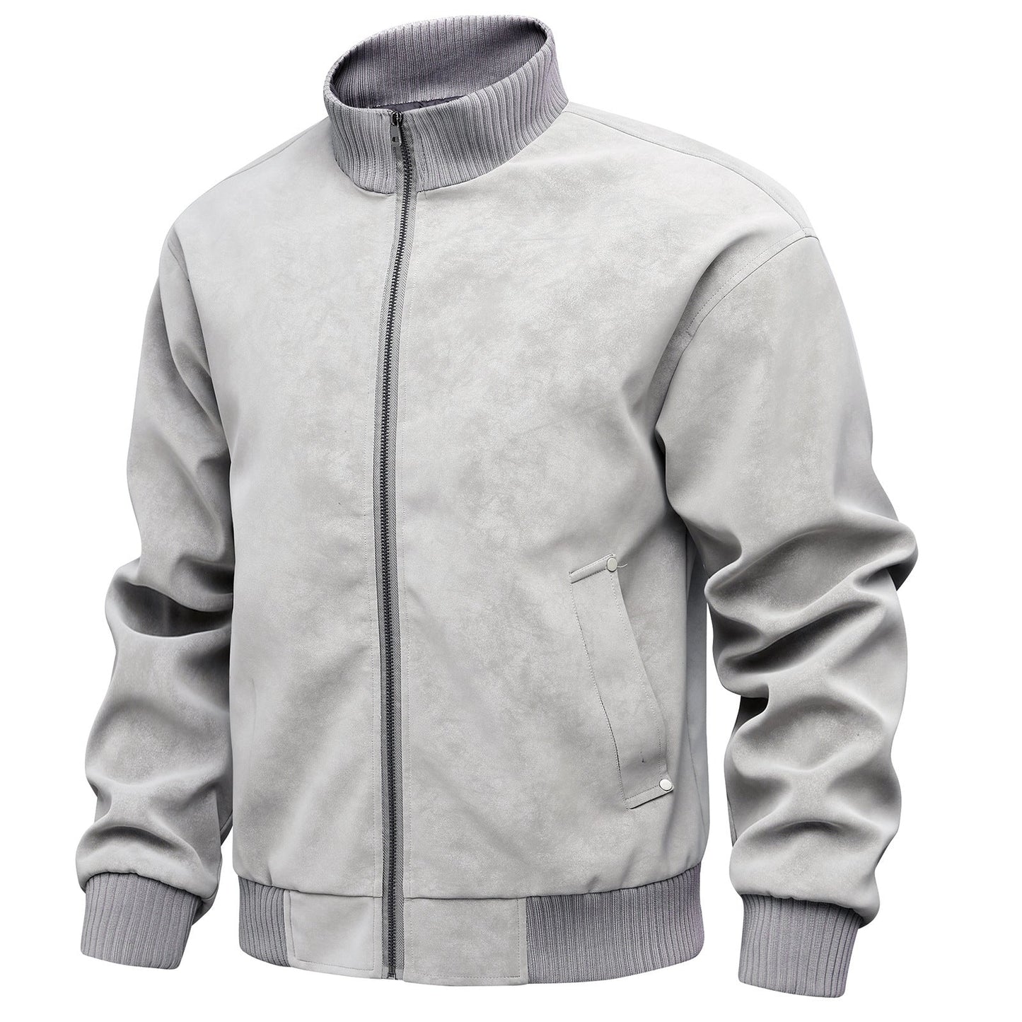 Herren Lederjacke Sportlich Elegant mit Stehkragen und Taschen