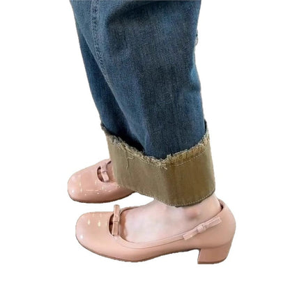 Damen Ballerinas Bequem Blockabsatz Blüten Schnalle