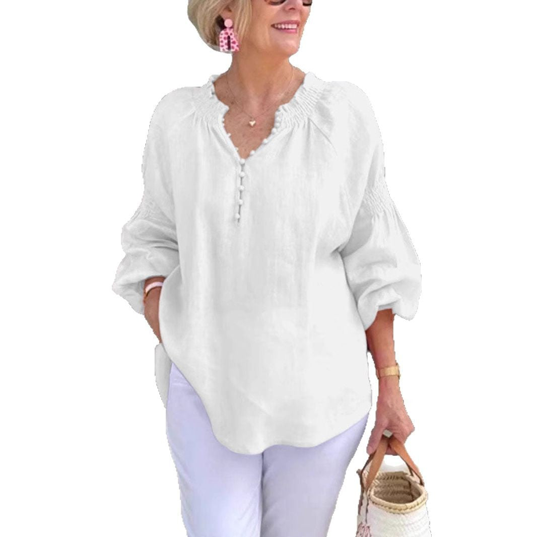 Damen Bluse Leicht Elastisch Puffärmel Knöpfe