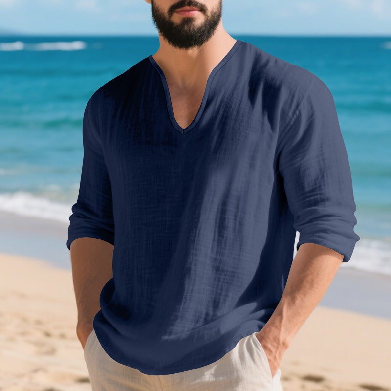 Herren Langarmshirt V-Ausschnitt Leicht Baumwolle Modern