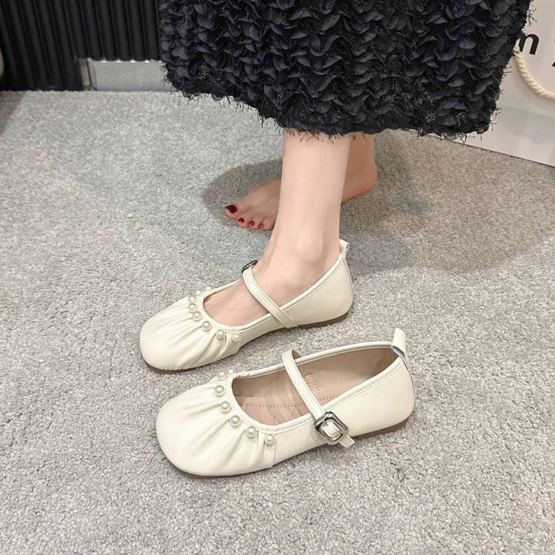 Damen Ballerinas Elegante Riemchen Schuhe Perlmutt Detail