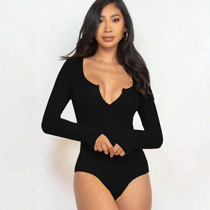 Damen Body V-Ausschnitt Langarm Sexy