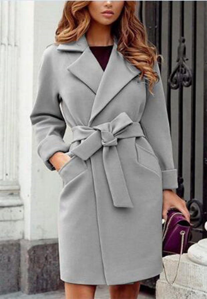 Eleganter Damen Trenchcoat Lang mit Gürtel und Taschen