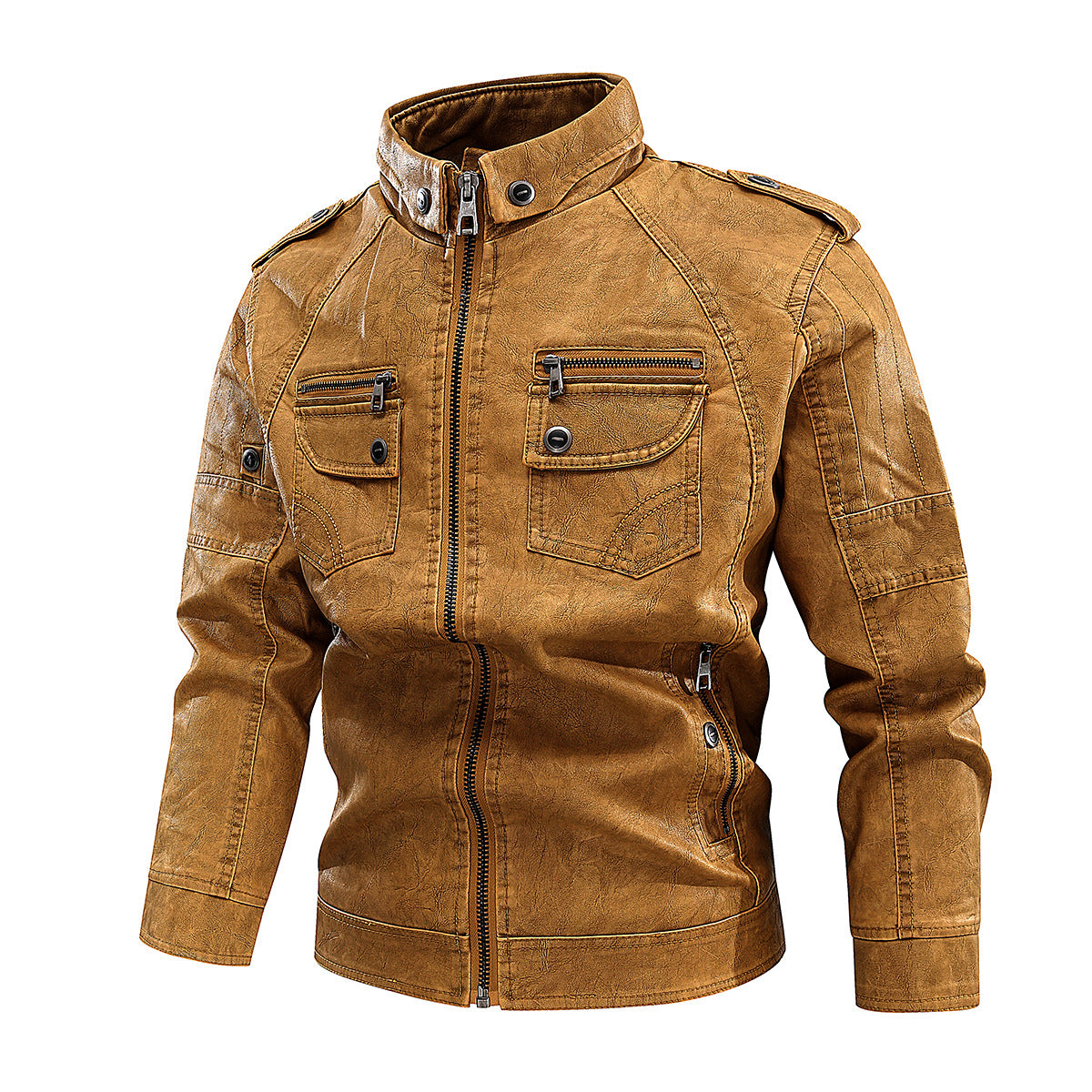 Herren Lederjacke Bikerstil Mit Taschen Schwarz