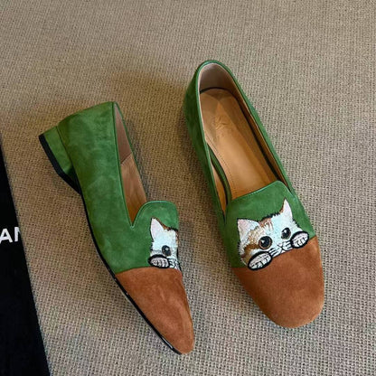 Damen Loafers Weich Wildleder Katzenmuster Schuhe Bequem