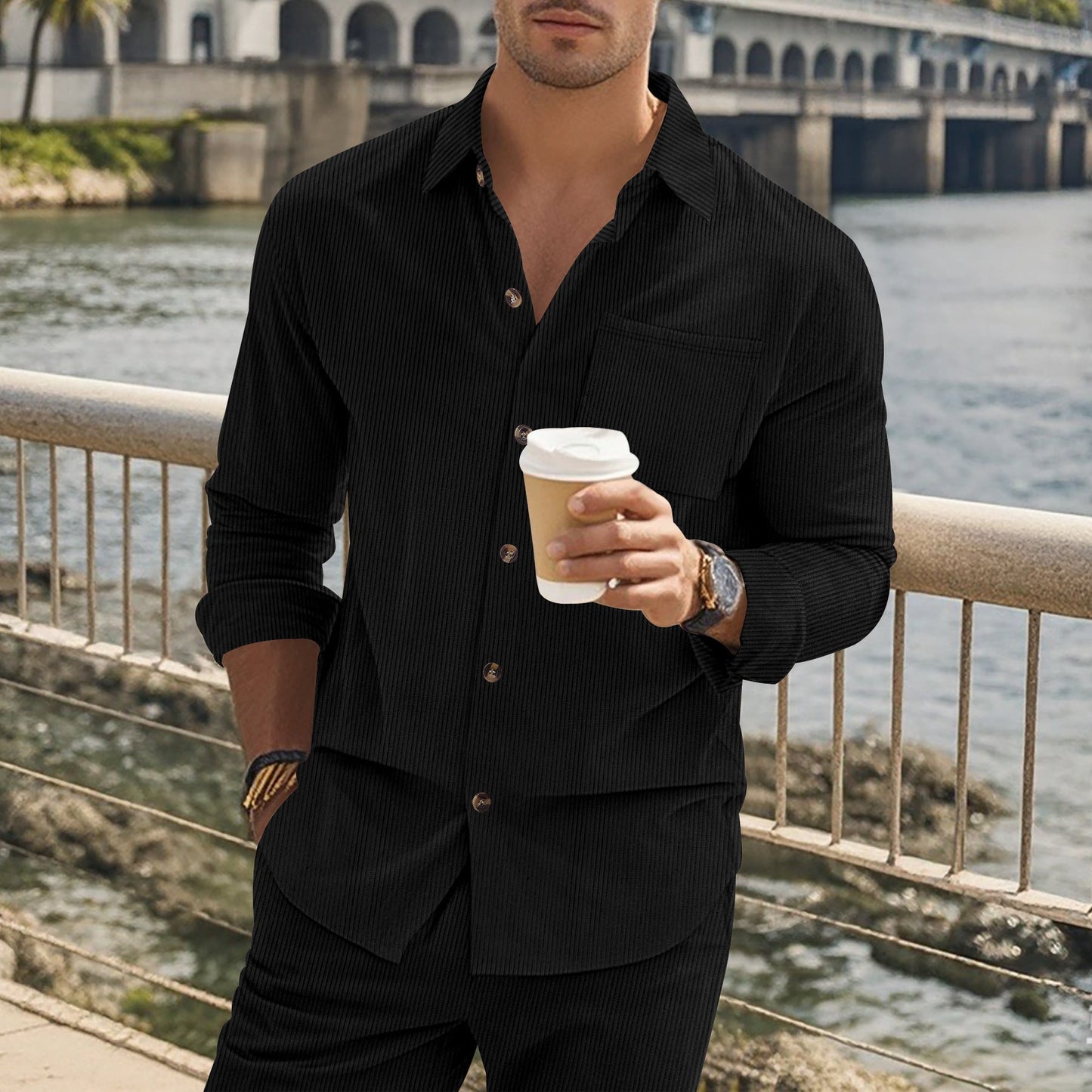 Herren Langarmshirt Streifen Stehkragen mit Brusttasche Modern