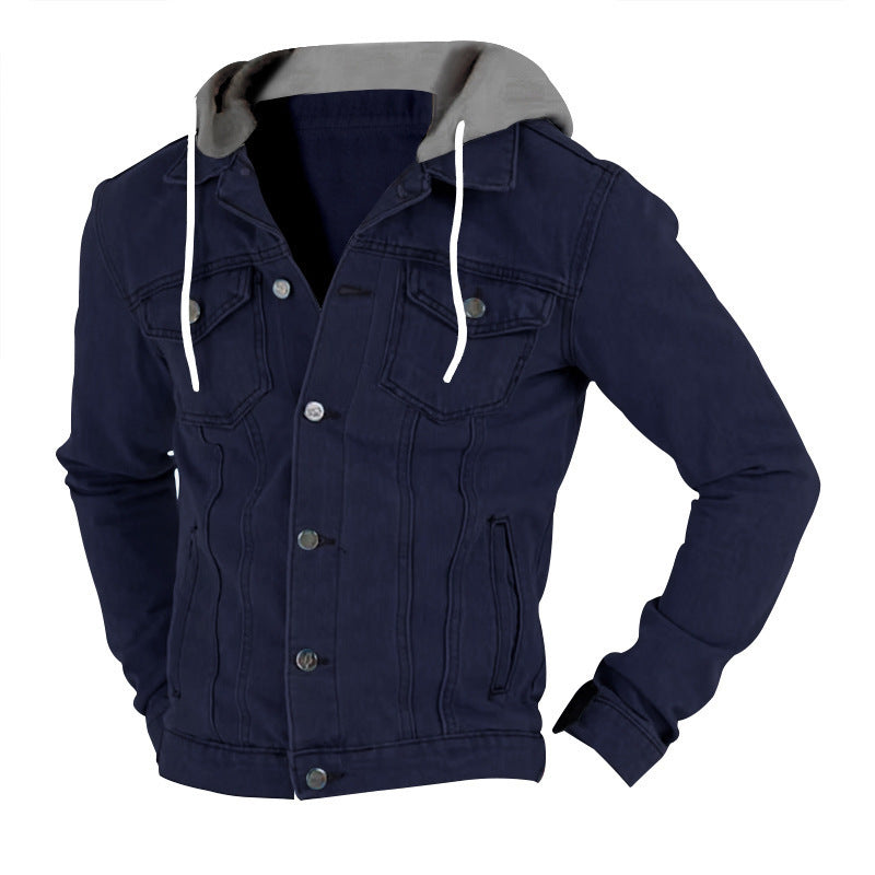 Herren Jeansjacke Kapuze Taschen Schwarz Modern
