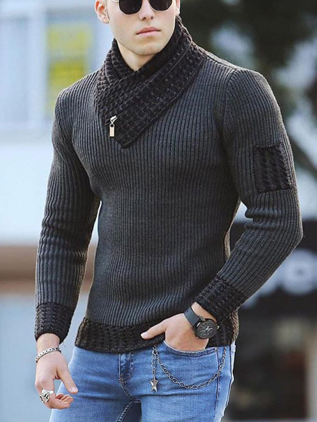 Herren Pullover Strukturiert Moderner Stehkragen