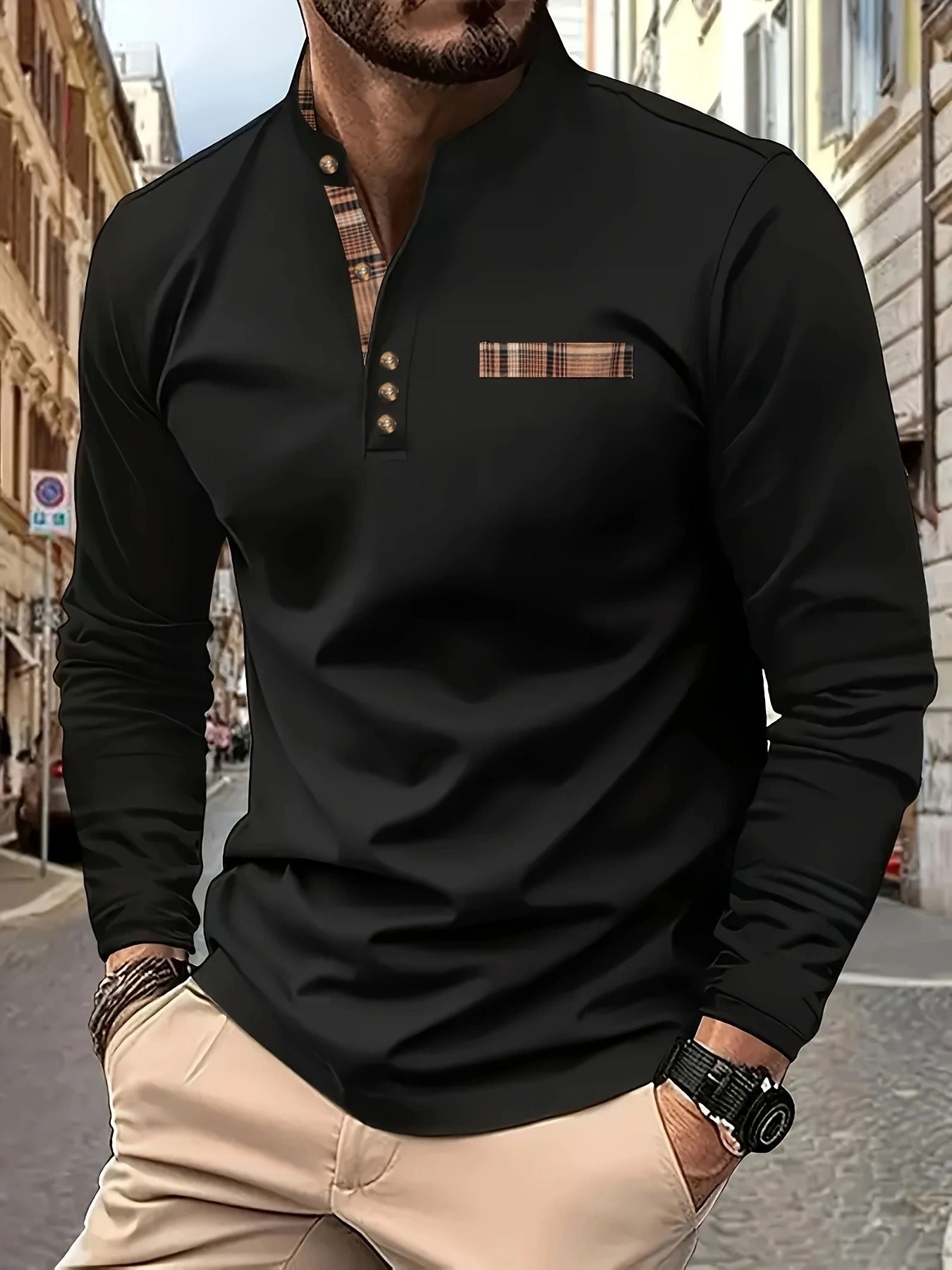 Herren Poloshirt Langarm Karomuster Modern