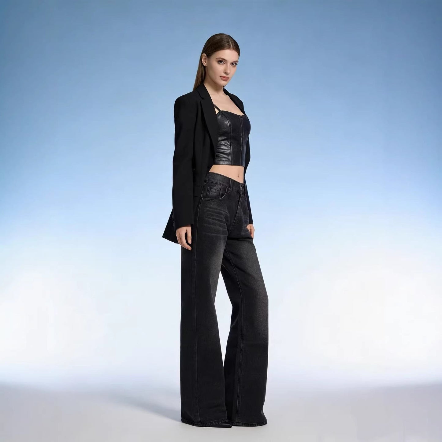 Damen High-Waist Jeans Weite Bein Slim Fit