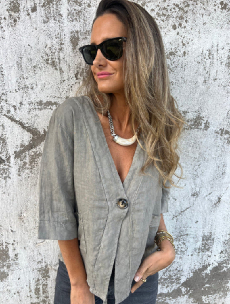 Damen Leinenblazer Kurzarm Leicht Modern