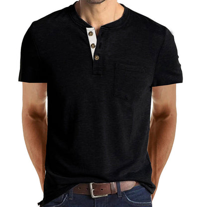 Herren T-Shirt Henley Style Knopfleiste Brusttasche Casual