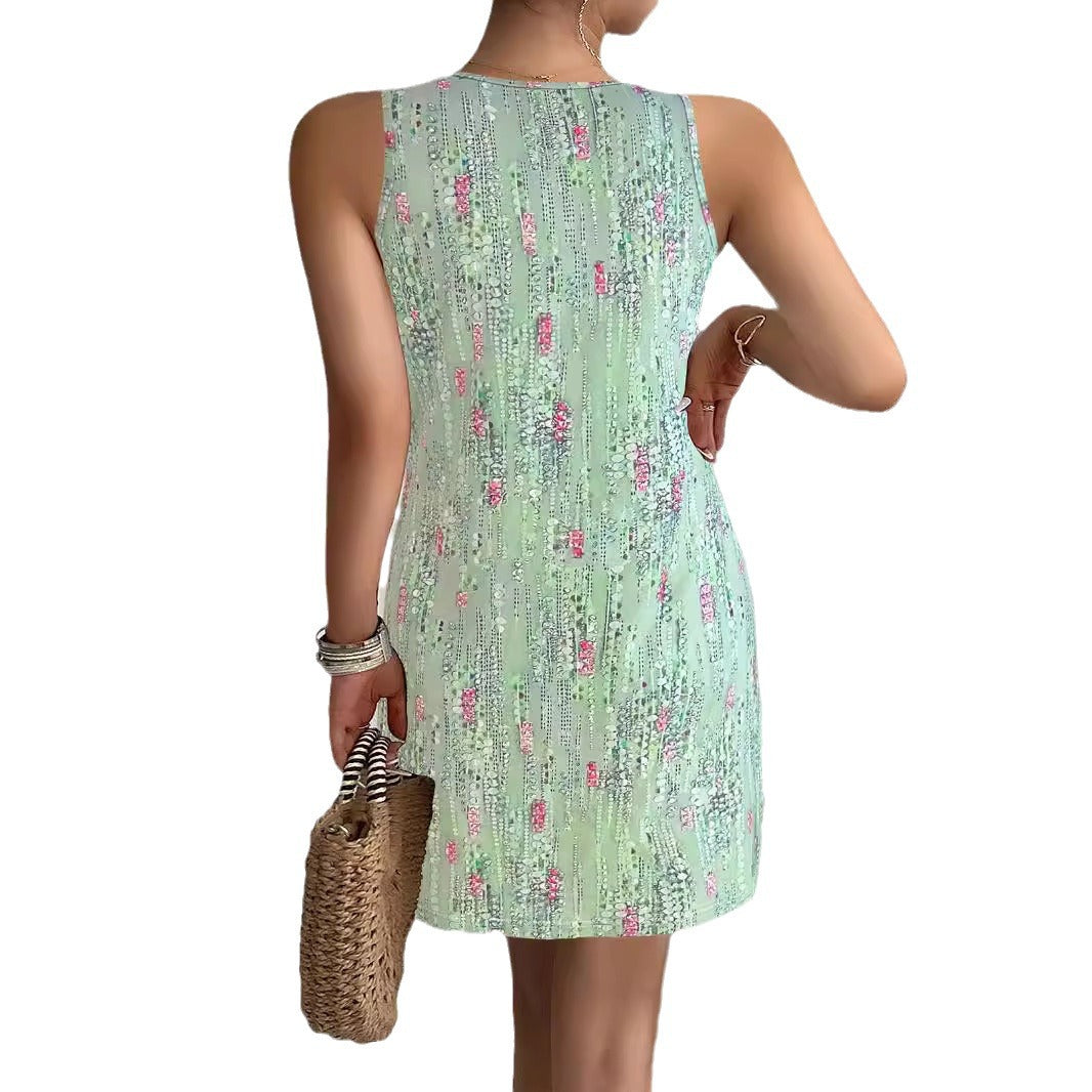 Sommerkleid Damen Ärmellos V-Ausschnitt Knöpfe Modern